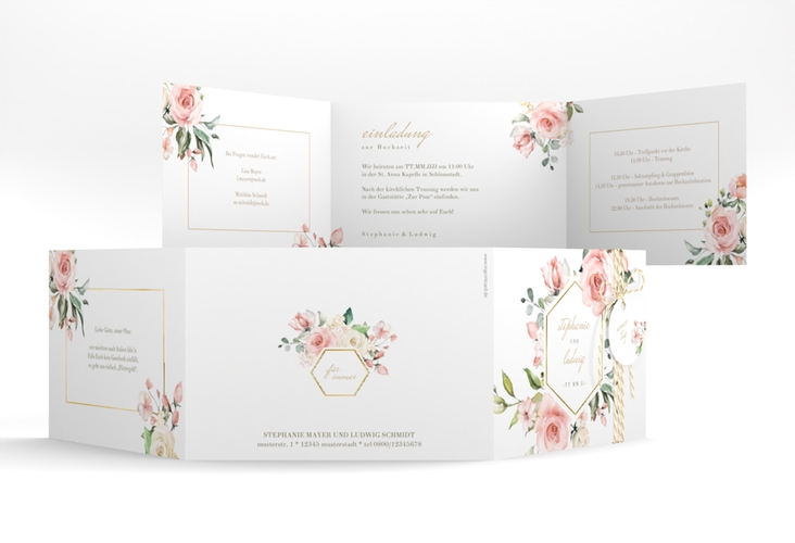 Hochzeitseinladung Graceful A6 Doppel-Klappkarte weiss gold mit Rosenblüten in Rosa und Weiß