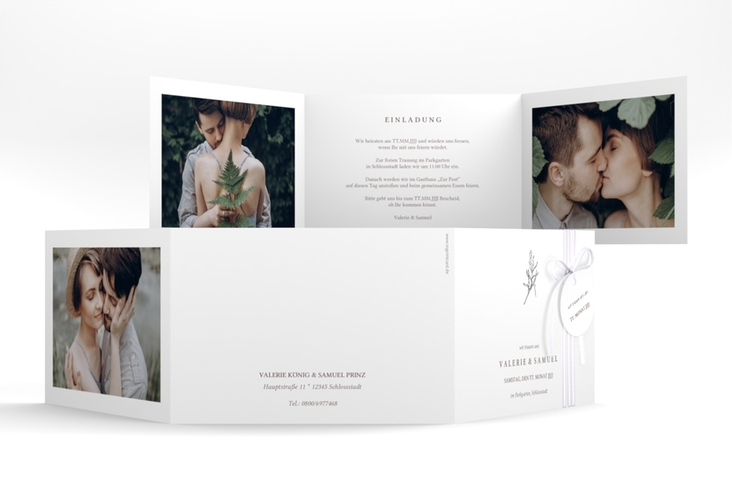 Hochzeitseinladung Ivy A6 Doppel-Klappkarte weiss silber minimalistisch mit kleiner botanischer Illustration