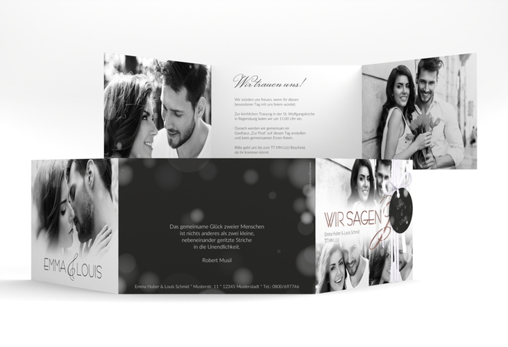 Hochzeitseinladung Bokeh A6 Doppel-Klappkarte weiss rosegold