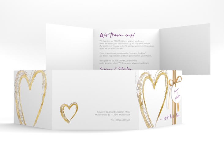 Hochzeitseinladung Liebe A6 Doppel-Klappkarte lila gold