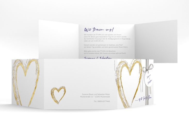 Hochzeitseinladung Liebe A6 Doppel-Klappkarte blau gold