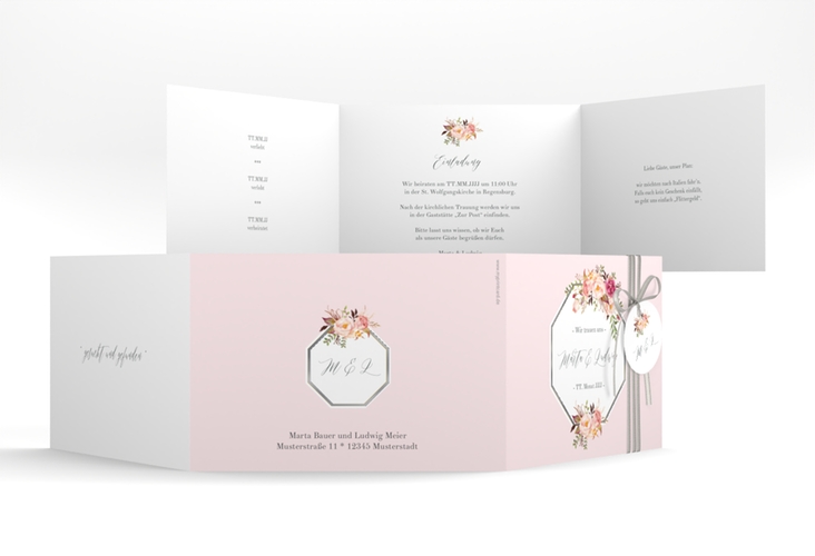 Hochzeitseinladung Prachtvoll A6 Doppel-Klappkarte rosa silber