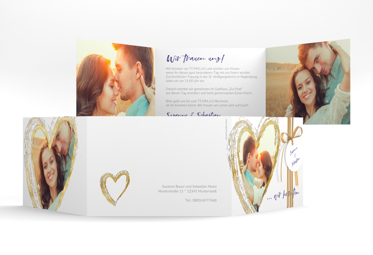 Hochzeitseinladung Liebe A6 Doppel-Klappkarte blau gold