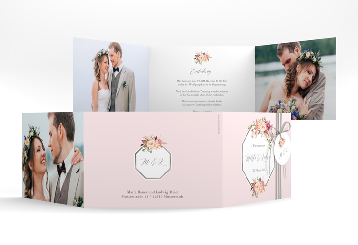 Hochzeitseinladung Prachtvoll A6 Doppel-Klappkarte rosa silber