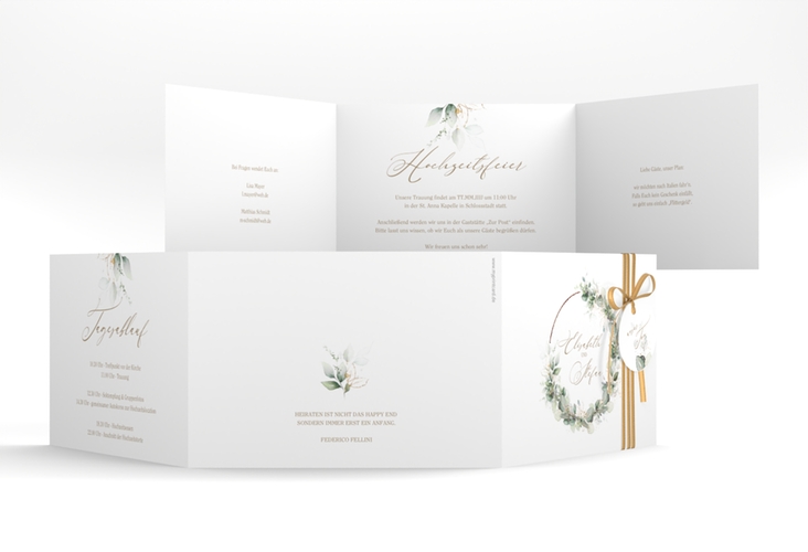 Hochzeitseinladung Selvatica A6 Doppel-Klappkarte weiss rosegold mit Eukalyptus-Kranz