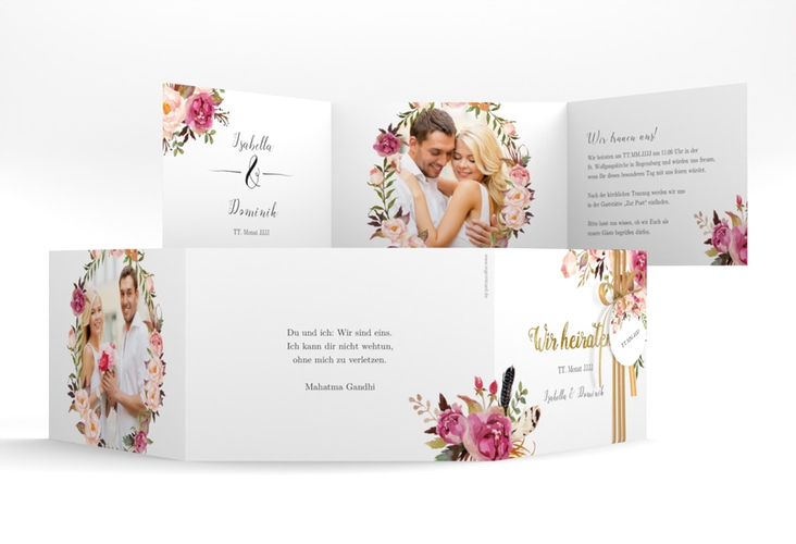 Hochzeitseinladung Flowers A6 Doppel-Klappkarte weiss gold mit bunten Aquarell-Blumen