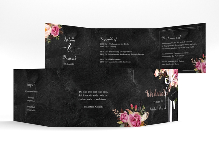Hochzeitseinladung Flowers A6 Doppel-Klappkarte schwarz rosegold mit bunten Aquarell-Blumen
