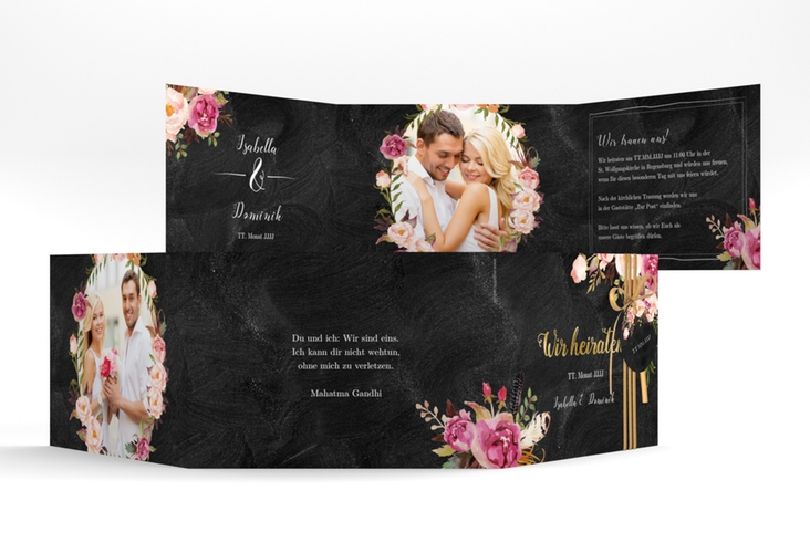 Hochzeitseinladung Flowers A6 Doppel-Klappkarte schwarz gold mit bunten Aquarell-Blumen