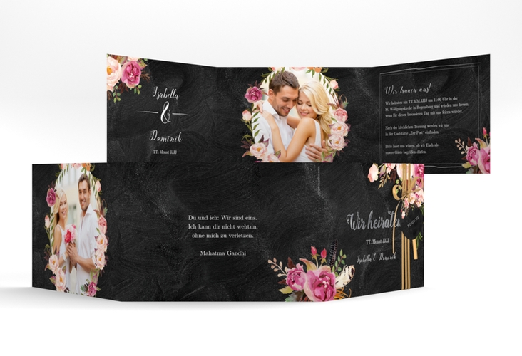 Hochzeitseinladung Flowers A6 Doppel-Klappkarte schwarz silber mit bunten Aquarell-Blumen