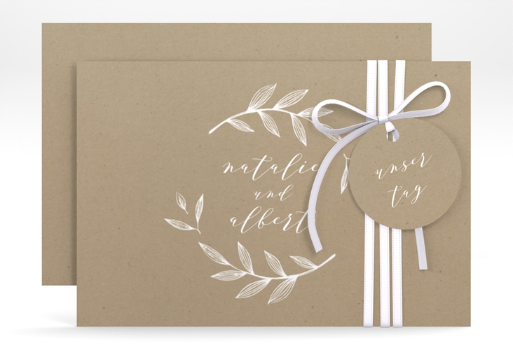 Save the Date-Karte Naturelove A6 Karte quer weiss hochglanz in Kraftpapier-Optik mit Blattzeichnung