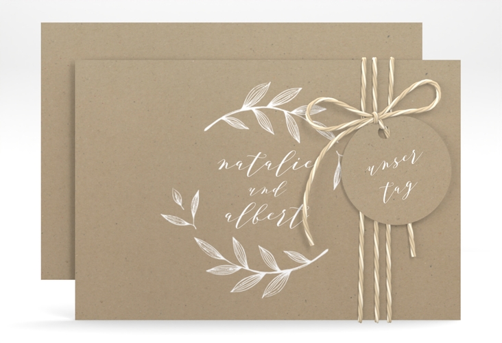 Save the Date-Karte Naturelove A6 Karte quer weiss hochglanz in Kraftpapier-Optik mit Blattzeichnung