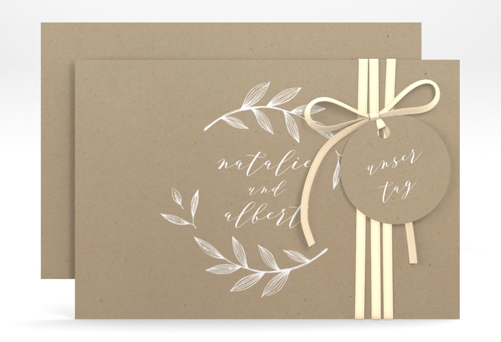 Save the Date-Karte Naturelove A6 Karte quer weiss hochglanz in Kraftpapier-Optik mit Blattzeichnung