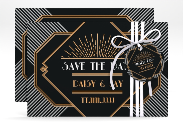 Save the Date-Karte Hochzeit Gatsby A6 Karte quer schwarz im 20er-Jahre-Stil