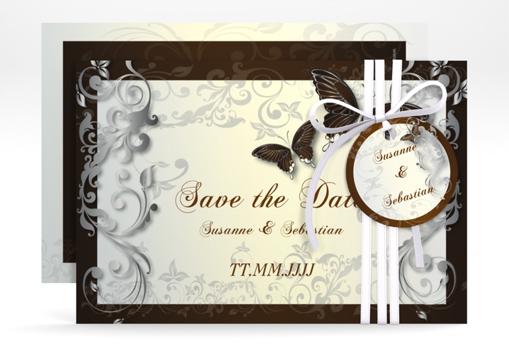 Save the Date-Karte Hochzeit Toulouse A6 Karte quer braun hochglanz romantisch mit Schmetterlingen