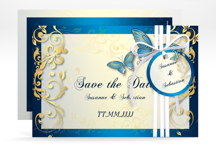 Save the Date-Karte Hochzeit Toulouse A6 Karte quer blau hochglanz romantisch mit Schmetterlingen