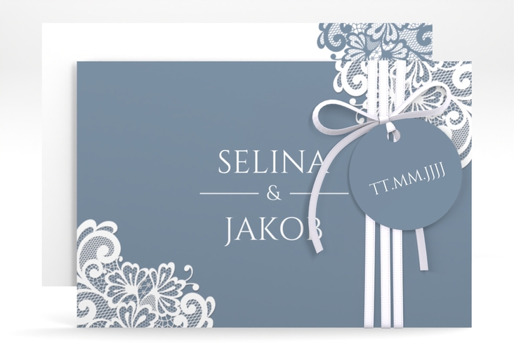 Save the Date-Karte Vintage A6 Karte quer blau hochglanz mit floraler Spitze