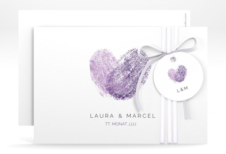 Save the Date-Karte Fingerprint A6 Karte quer lila schlicht mit Fingerabdruck-Motiv