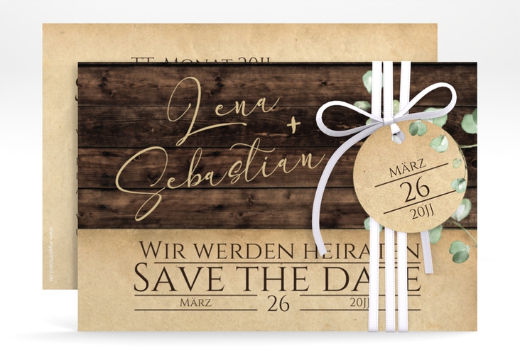 Save the Date-Karte Landhaus A6 Karte quer braun hochglanz in Holz-Optik mit Eukalyptus