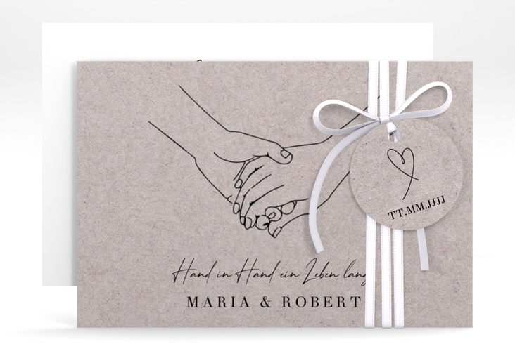 Save the Date-Karte Hands A6 Karte quer Kraftpapier mit sich haltenden Händen im Monoline-Stil