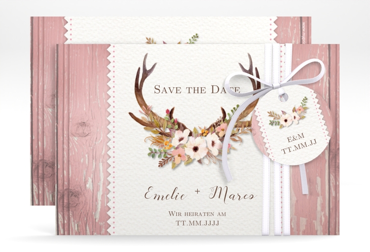 Save the Date-Karte Hochzeit Heimatjuwel A6 Karte quer mit Hirschgeweih und Holz-Hintergrund