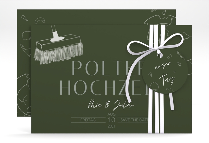 Save the Date-Karte Polterhochzeit A6 Karte quer gruen mit Besen und kaputtem Porzellanteller
