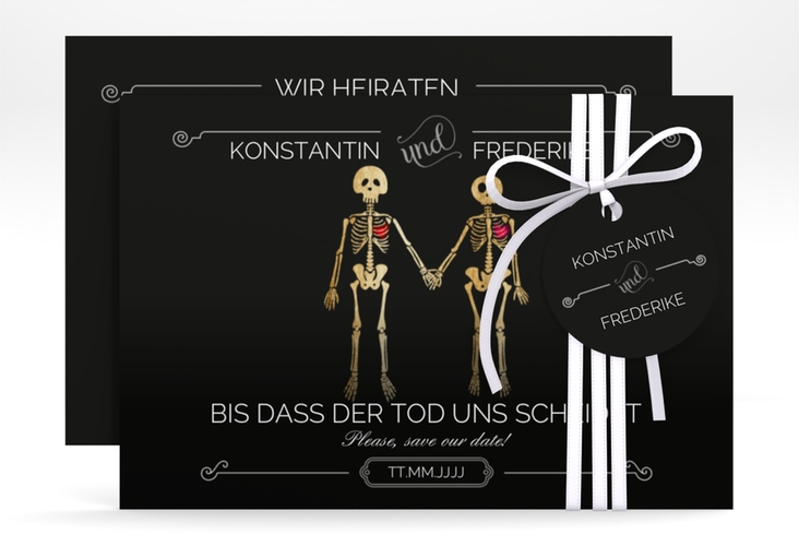 Save the Date-Karte "Bones" DIN A6 quer lustig mit Skelett-Brautpaar
