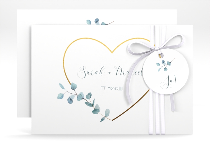 Save the Date-Karte Greenheart A6 Karte quer hochglanz mit elegantem Herz und Eukalyptus-Zweig