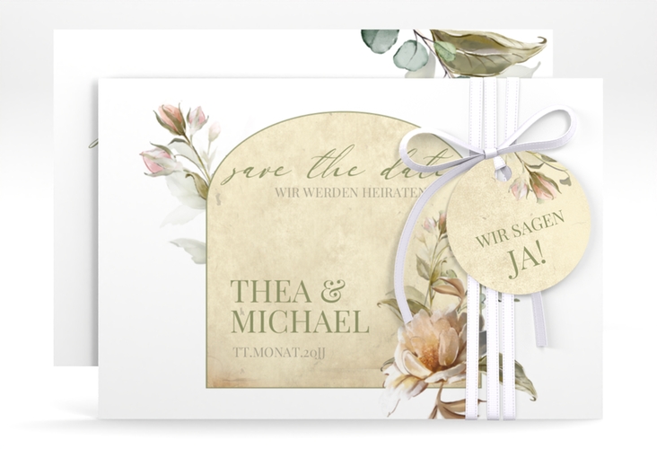 Save the Date-Karte Dornröschen A6 Karte quer weiss mit Aquarell-Rosen im Vintage-Look