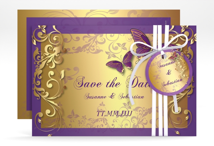 Save the Date-Karte Hochzeit Toulouse A6 Karte quer lila hochglanz romantisch mit Schmetterlingen