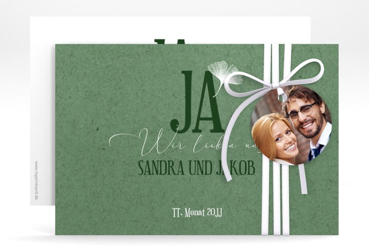 Save the Date-Karte Ja A6 Karte quer gruen hochglanz mit Ginkgo-Blatt