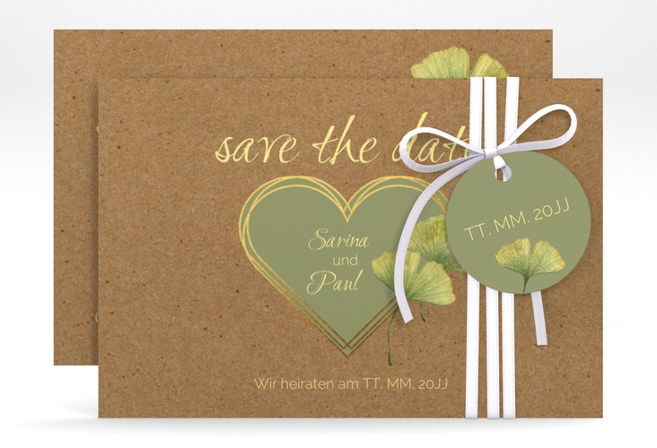Save the Date-Karte Ginko A6 Karte quer Kraftpapier hochglanz mit Herz und zwei Ginkgo-Blättern