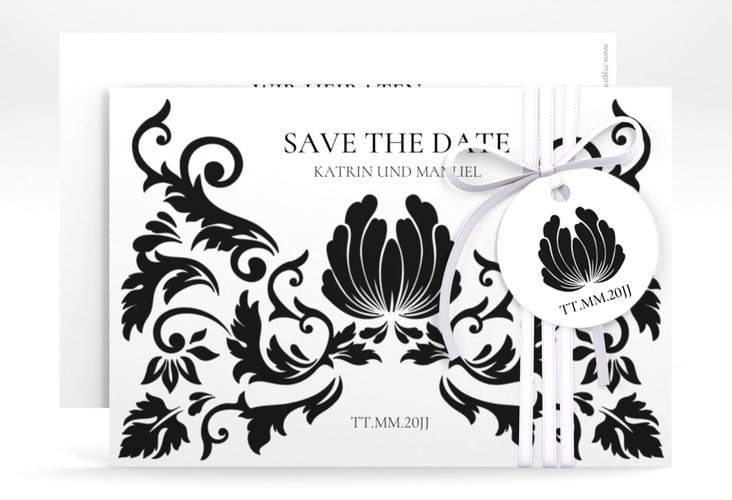 Save the Date-Karte Royal A6 Karte quer weiss mit barockem Blumen-Ornament