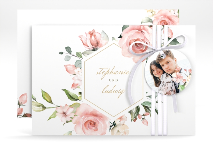 Save the Date-Karte Graceful A6 Karte quer weiss mit Rosenblüten in Rosa und Weiß