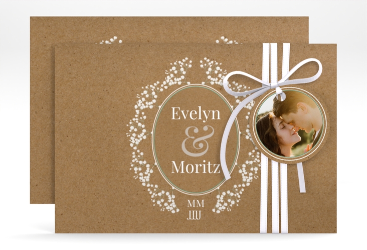 Save the Date-Karte Gypsophila A6 Karte quer im Vintage-Stil mit Blumenkranz aus Schleierkraut