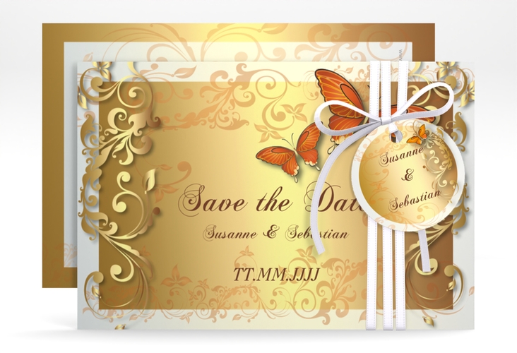 Save the Date-Karte Hochzeit Toulouse A6 Karte quer orange hochglanz romantisch mit Schmetterlingen