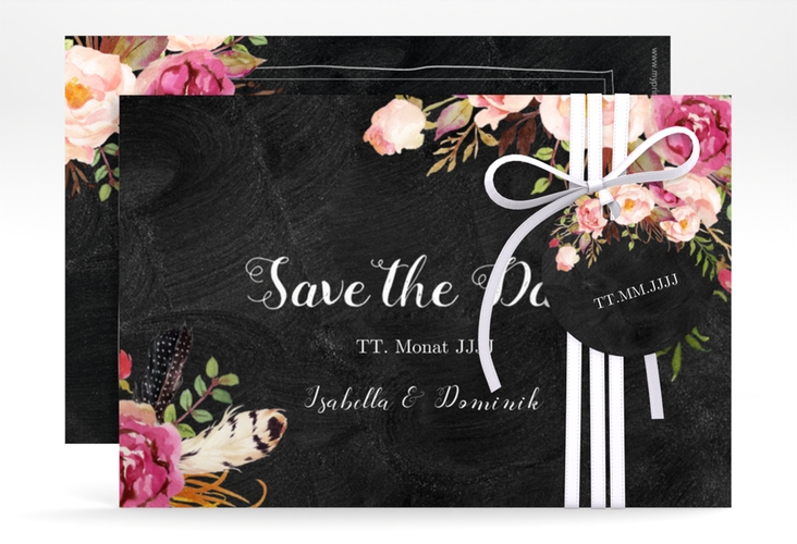 Save the Date-Karte Flowers A6 Karte quer schwarz hochglanz mit bunten Aquarell-Blumen