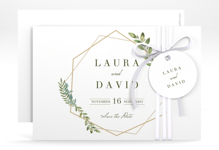 Save the Date-Karte Herbarium A6 Karte quer gold hochglanz mit geometrischem Rahmen und Blätter-Dekor