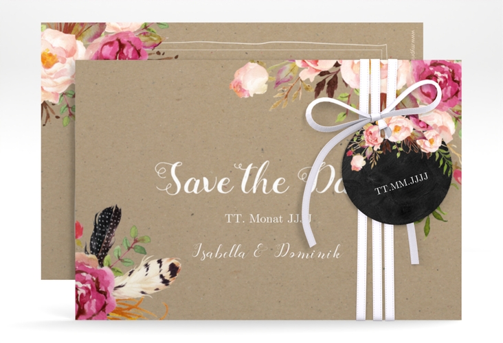 Save the Date-Karte Flowers A6 Karte quer Kraftpapier hochglanz mit bunten Aquarell-Blumen