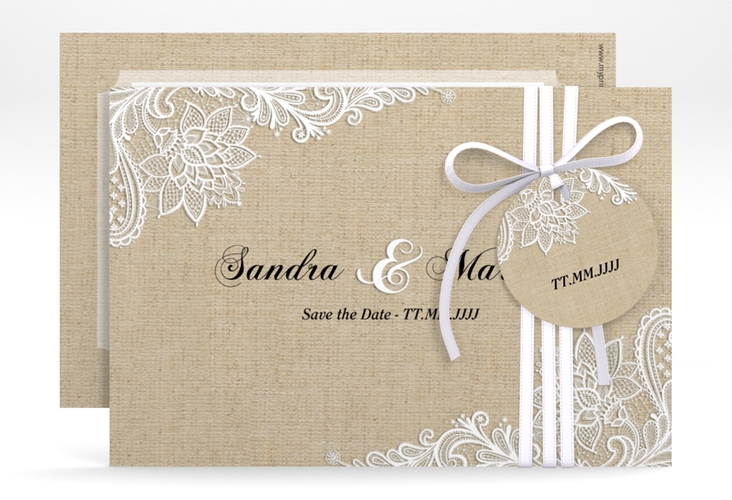 Save the Date-Karte Lace A6 Karte quer in Leinen-Optik mit weißer Spitze