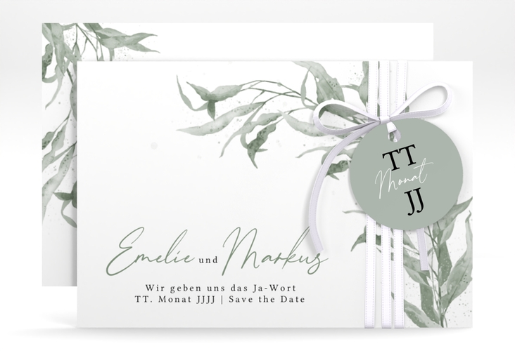 Save the Date-Karte Eucalyptus Green A6 Karte quer weiss hochglanz