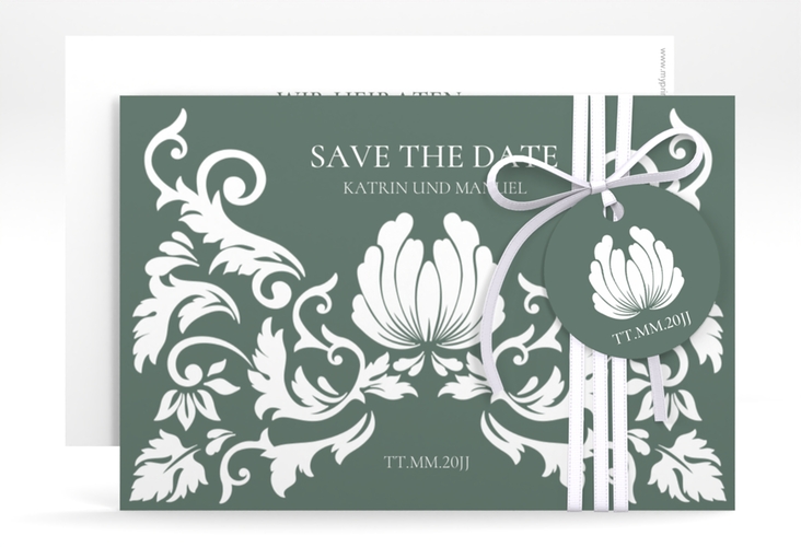 Save the Date-Karte Royal A6 Karte quer gruen hochglanz mit barockem Blumen-Ornament