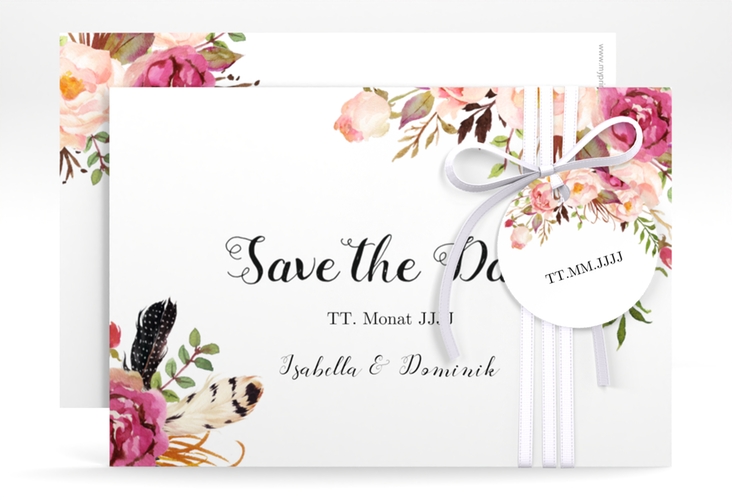 Save the Date-Karte Flowers A6 Karte quer weiss mit bunten Aquarell-Blumen