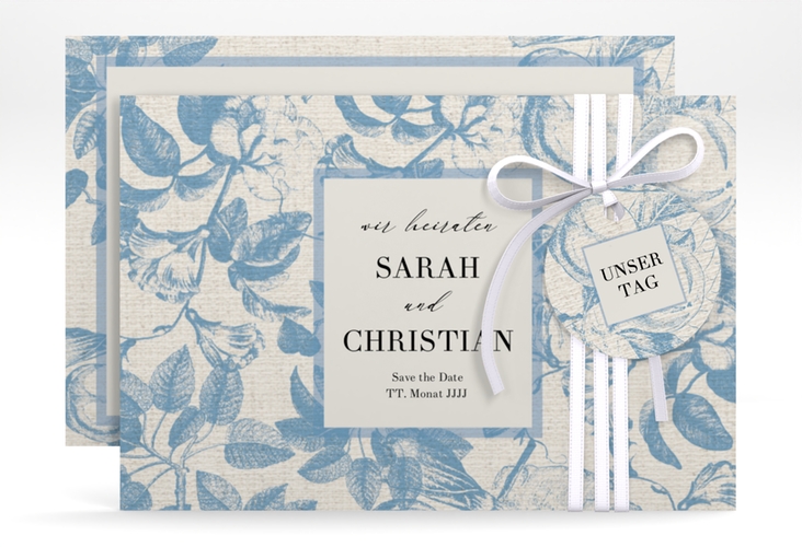 Save the Date-Karte Toile A6 Karte quer mit Blättermuster im Toile-de-Jouy-Stil