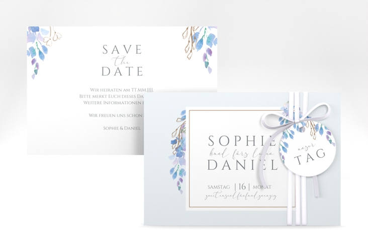 Save the Date-Karte Blauregen A6 Karte quer blau mit Wisteria-Blüten
