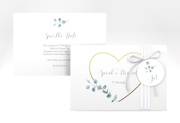 Save the Date-Karte Greenheart A6 Karte quer hochglanz mit elegantem Herz und Eukalyptus-Zweig