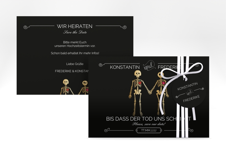 Save the Date-Karte Bones A6 Karte quer schwarz hochglanz lustig mit Skelett-Brautpaar