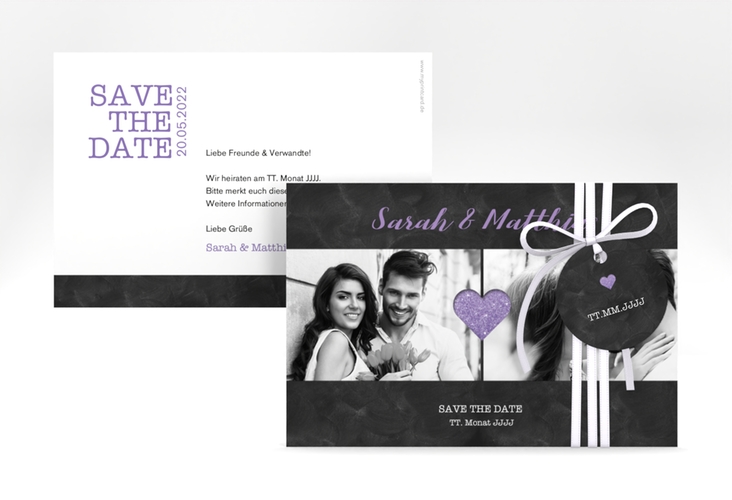 Save the Date-Karte Sparkly A6 Karte quer lila hochglanz