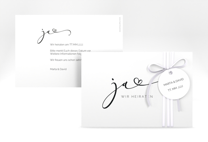 Save the Date-Karte Jawort A6 Karte quer weiss hochglanz modern minimalistisch mit veredelter Aufschrift