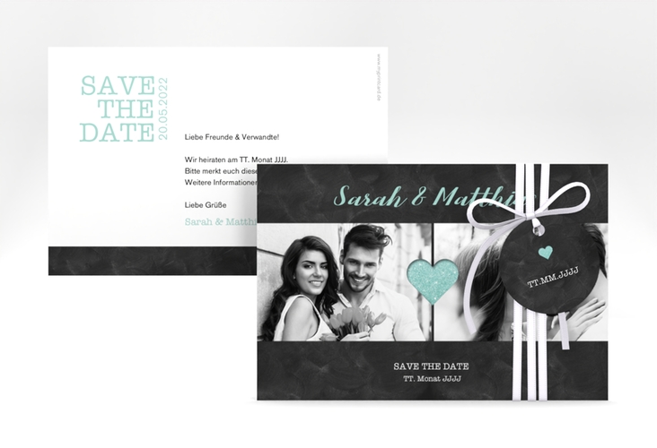 Save the Date-Karte Sparkly A6 Karte quer tuerkis hochglanz
