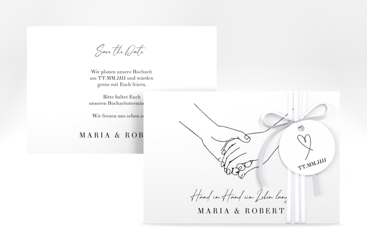 Save the Date-Karte Hands A6 Karte quer weiss mit sich haltenden Händen im Monoline-Stil